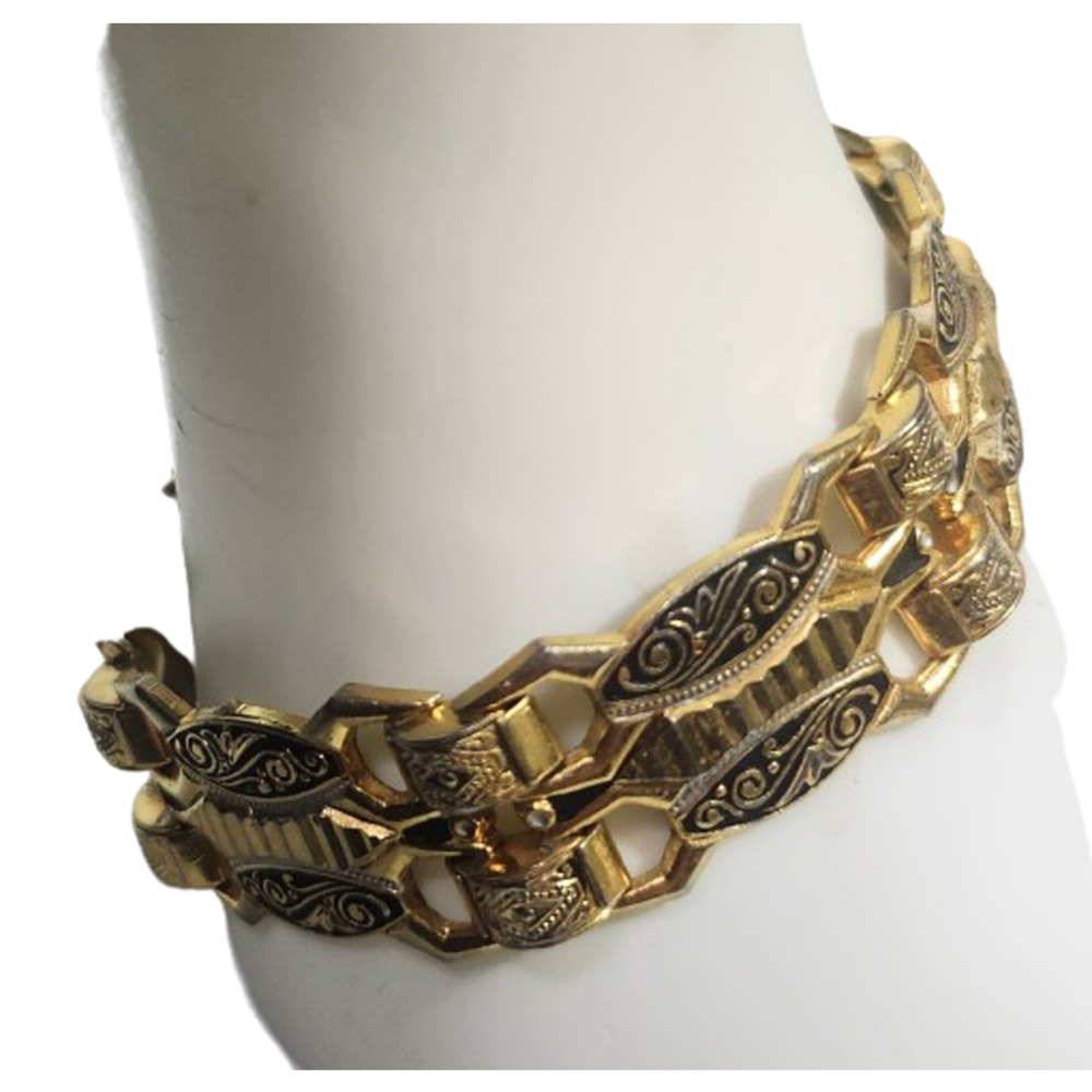 Vtg Damascene Toledo Spain Brass Enamel  Link Bracelet - Picture 2 of 6